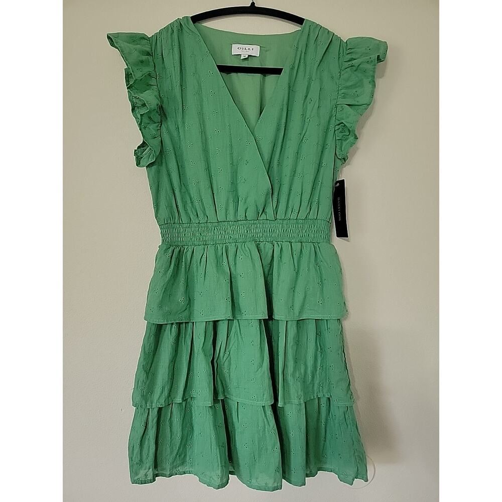 GILLI Womens Ruffle Smocked Dress Short‎ Green Eyelet Sleeveless Size Medium NWT